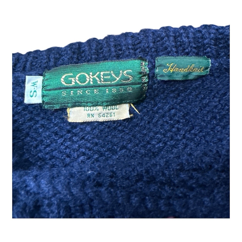 Vintage GOKEYS Duck Navy 100% Wool Handknitted Women's Size Small Holiday Bow's - Picture 3 of 6